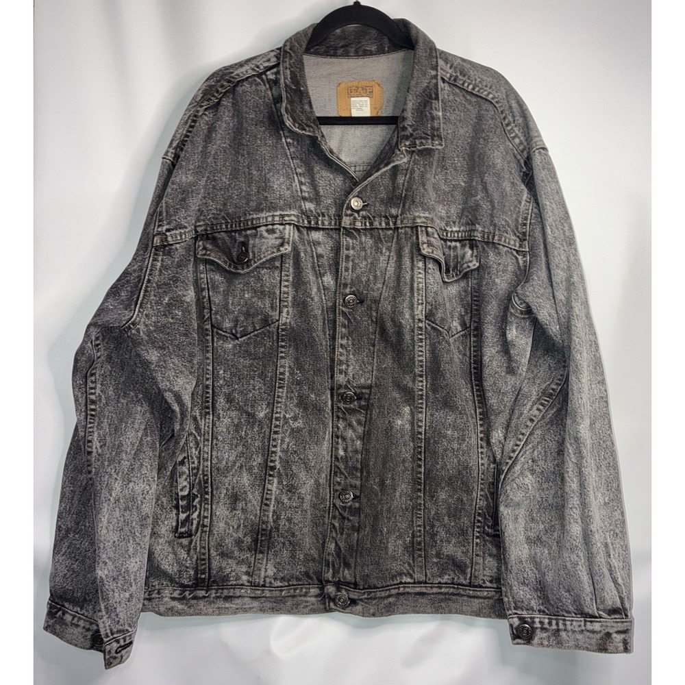GAP Vintage Denim Jacket 90s Trucker Sz XL Black White Acid Wash Grunge Oversize
